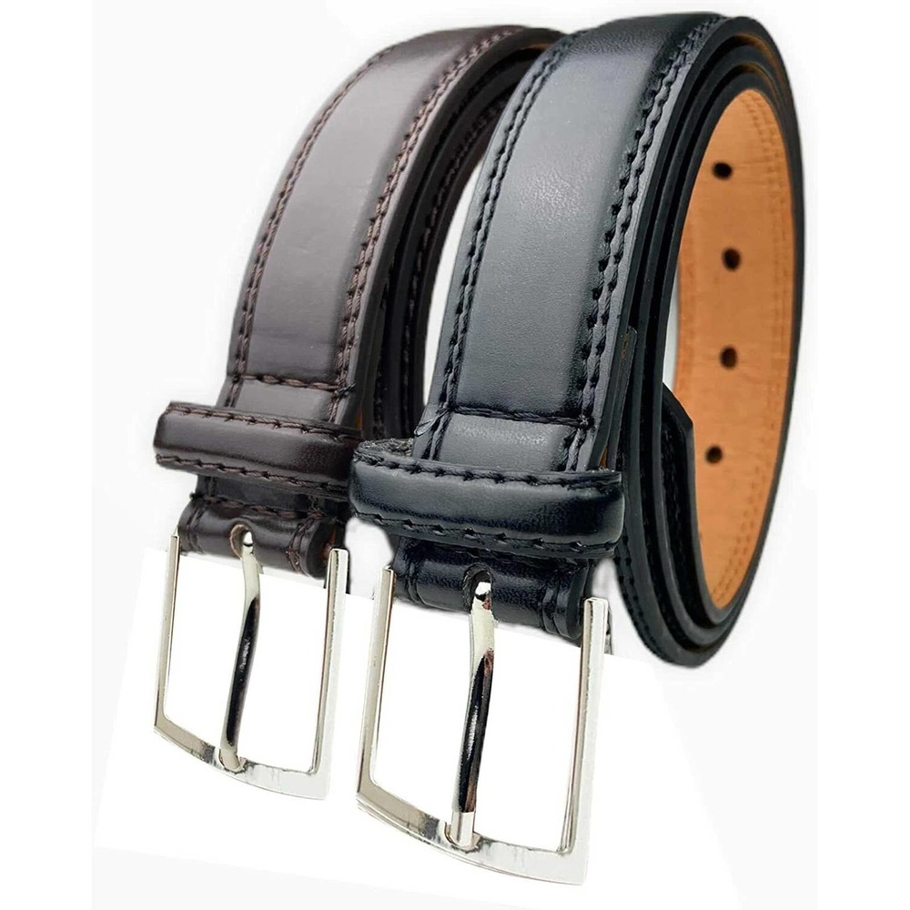 2 Pack Mens Dress Belts Black & Brown Solid Belts - Stitched Edge